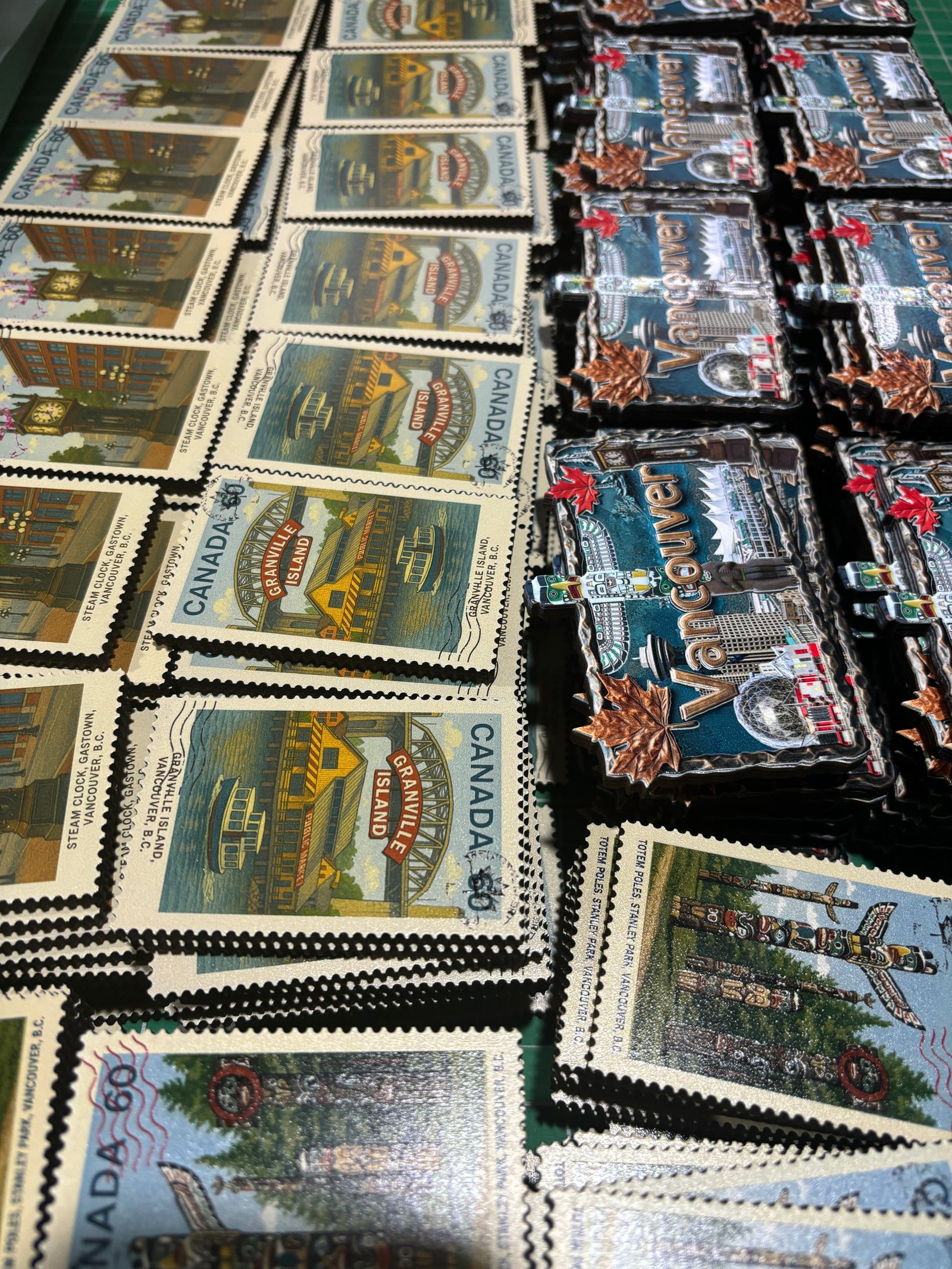 Back of stamp magnet showing magnetic sheet and barcode label for souvenir shop retail