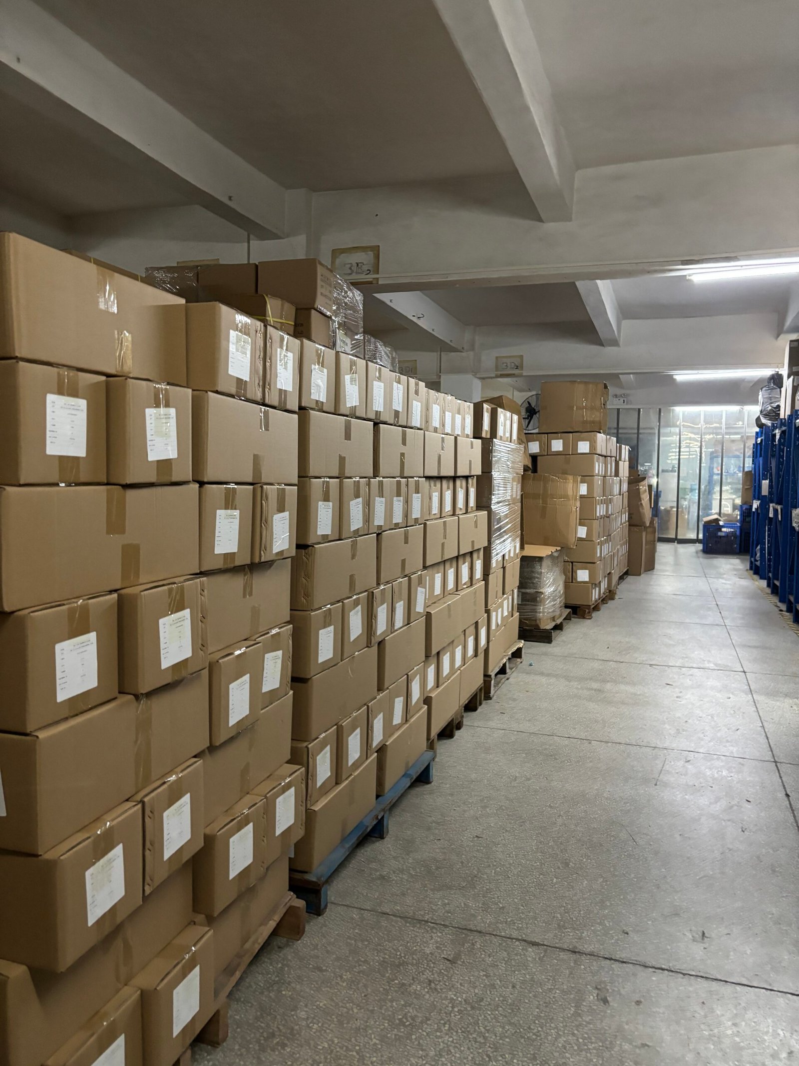 Warehouse rows of packed master cartons ready for worldwide shipment