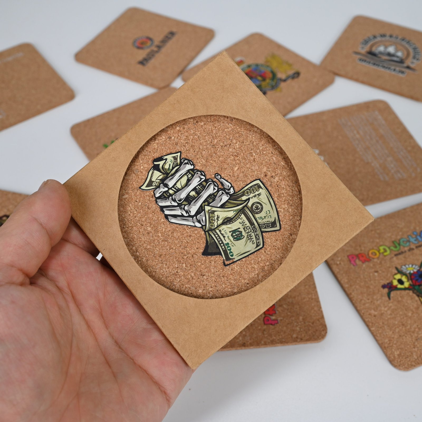 Square cork coaster in kraft gift box with circular display window
