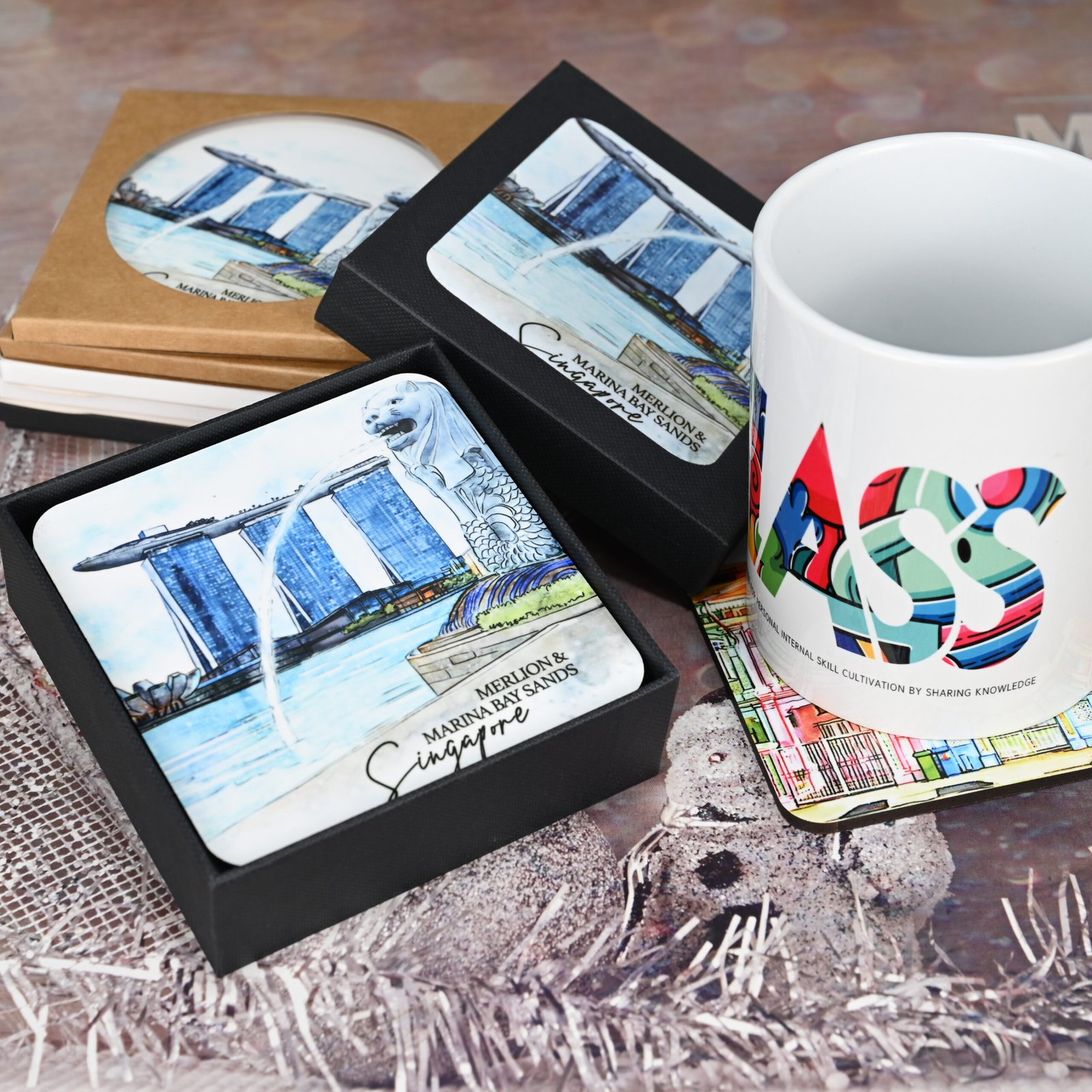 Custom MDF coaster in retail gift box packaging ready for souvenir shop shelves