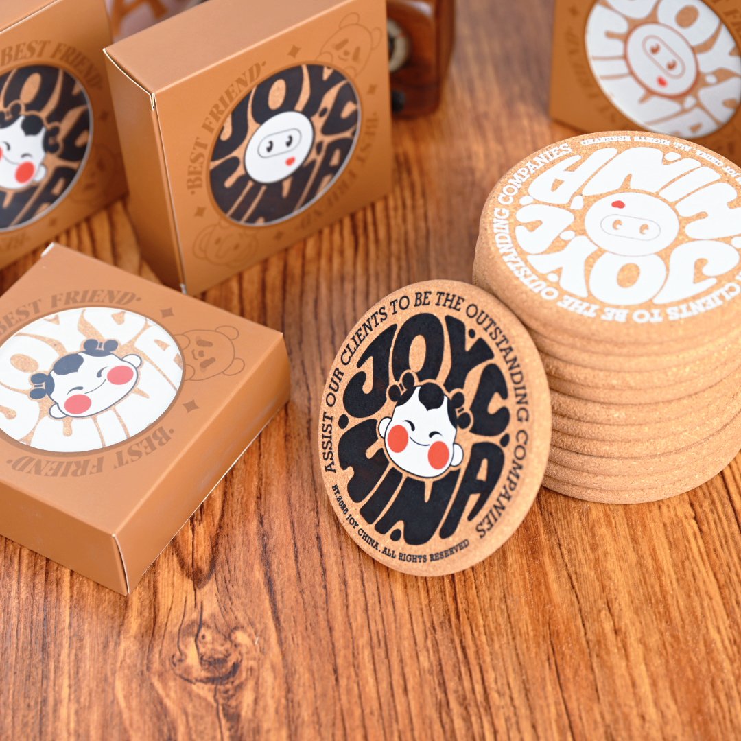 Custom cork coasters lifestyle shot with coffee mug on wooden table
