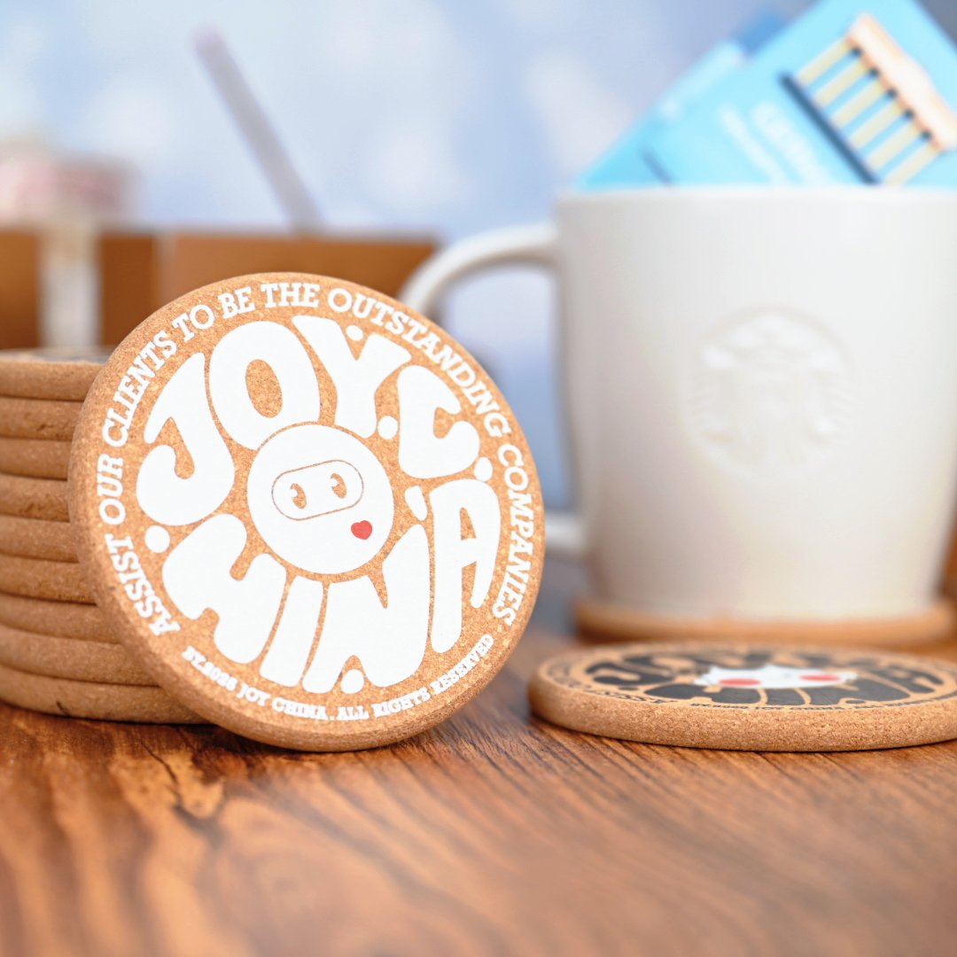 Cork coasters leaning showing 8mm thickness and beveled edge finish