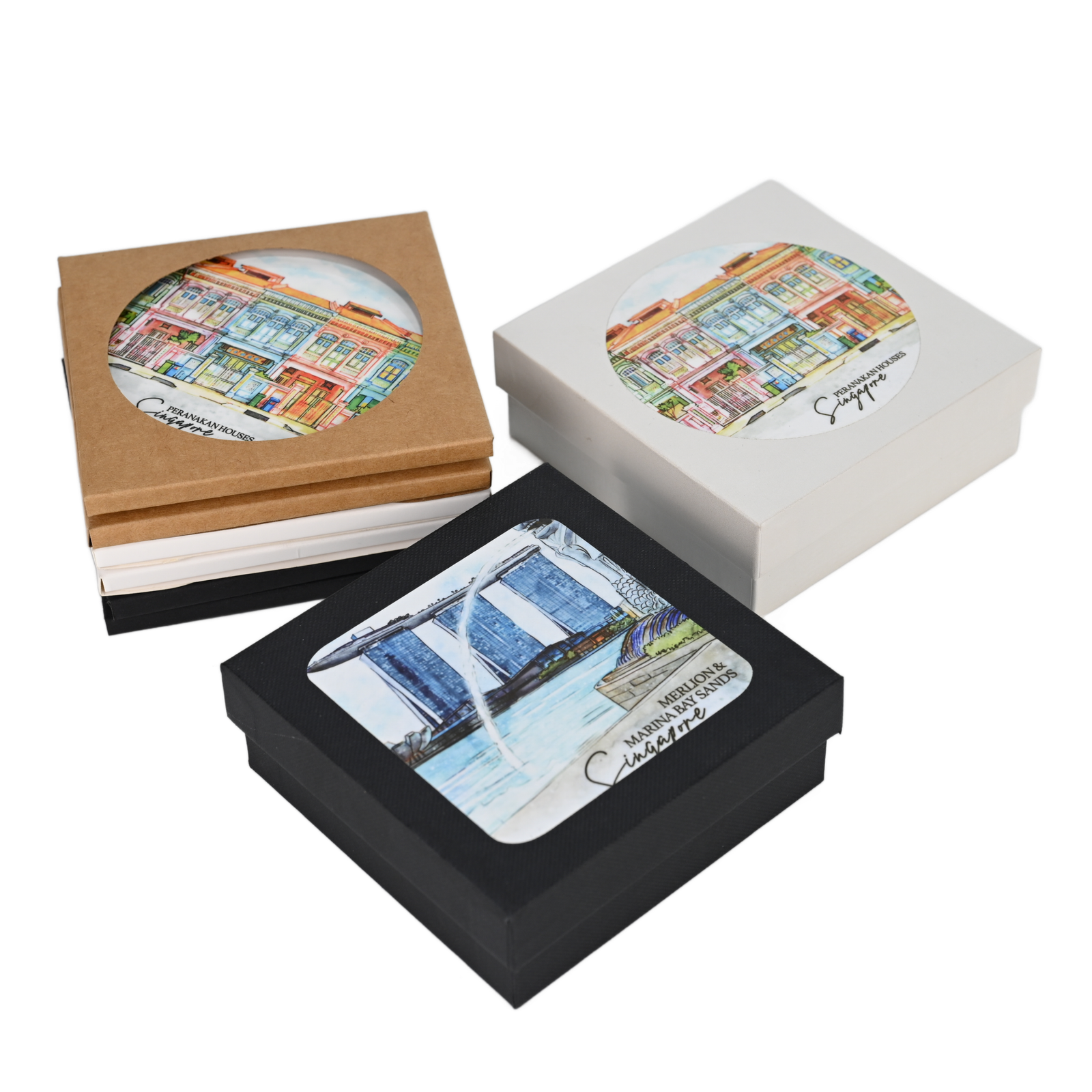 White box packaging for custom MDF coasters clean retail display