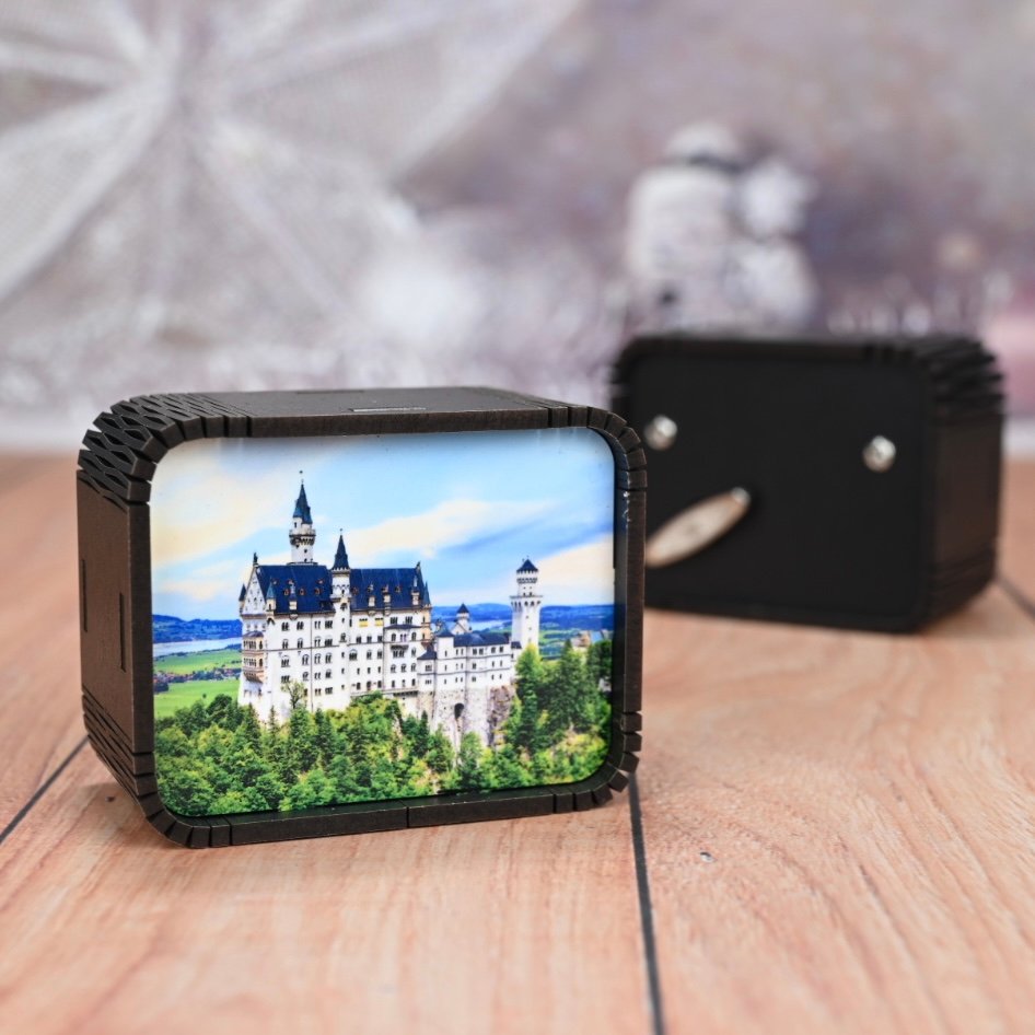 Custom mini music box with Neuschwanstein Castle full-color print — souvenir gift shop product from Customento factory